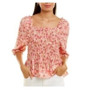Nanette Lepore Smocked Floral Peplum Top Square Neck Blouse Size S Cottagecore